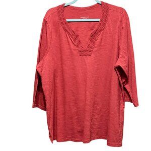 Coldwater Creek Womens Red Textured Long Sleeve Tunic Top 2X Crochet Details